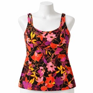 Lands' End Womens Sz 18 Tankini Swim Top Hawaiian Flower Black Neon Built in Bra